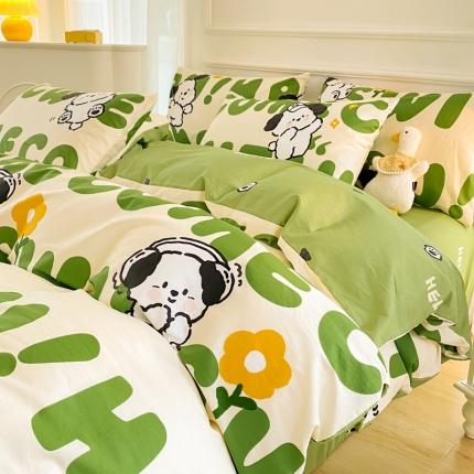 星巴k家纺 2023全棉13372花卉印花简约四件套字母小狗