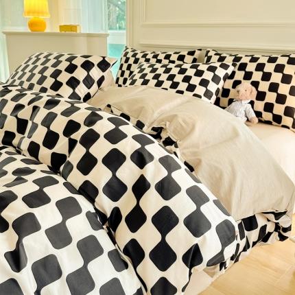 星巴k家纺 2023全棉13372花卉印花简约四件套棋盘格