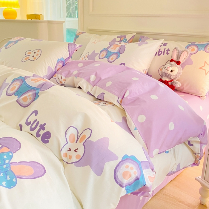 91家纺网 家纺一手货源 找家纺 星巴k家纺 2023全棉13372花卉印花简约四件套星戴兔