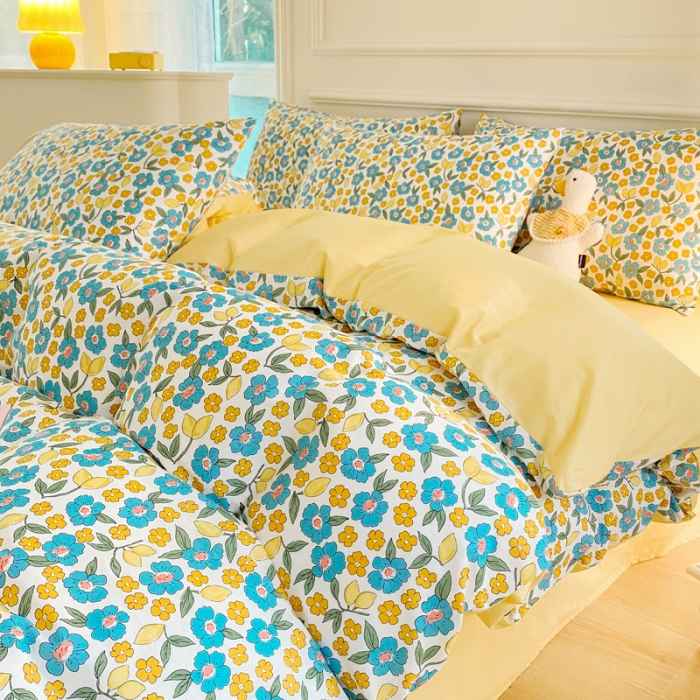 91家纺网 家纺一手货源 找家纺 星巴k家纺 2023全棉13372花卉印花简约四件套漫野-蓝