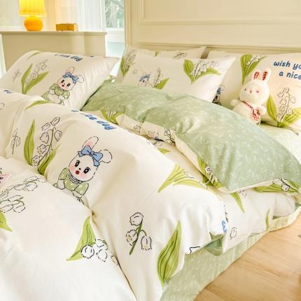 星巴k家纺 2023全棉13372花卉印花简约四件套铃兰兔