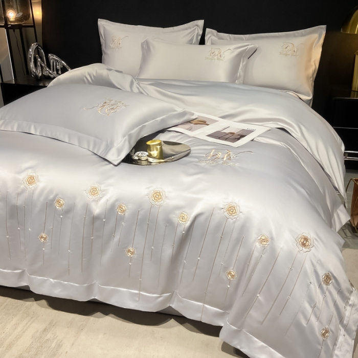 91家纺网 家纺一手货源 找家纺 绒世界 2024新款水洗真丝爱媛四件套系列 爱媛-银灰