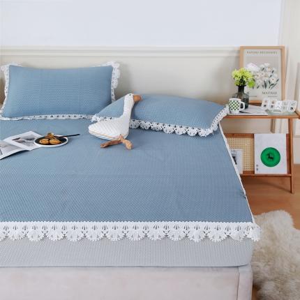 91家纺网 家纺一手货源 找家纺 航途席业 2025新款小米粒系列花边床笠款凉感豆豆凉席三件套 蓝色