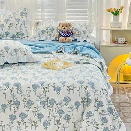91家纺网 家纺一手货源 找家纺 澳梵 小清新水洗棉麻夏被四件套 海芋恋人-蓝