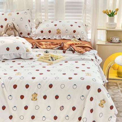 91家纺网 家纺一手货源 找家纺 澳梵 小清新水洗棉麻夏被四件套 草莓熊