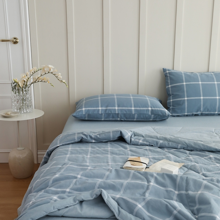 91家纺网 家纺一手货源 找家纺 寐眠 2023新款全棉色织水洗棉夏被子被芯（羽丝棉） 海蓝大格