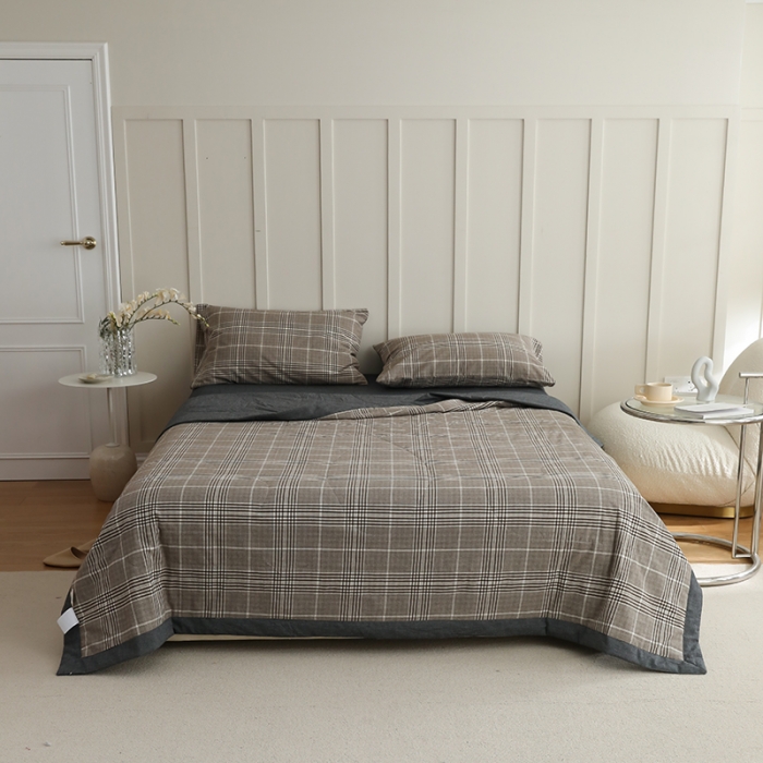 91家纺网 家纺一手货源 找家纺 寐眠 2023新款全棉色织水洗棉夏被子被芯（羽丝棉） 咖灰格