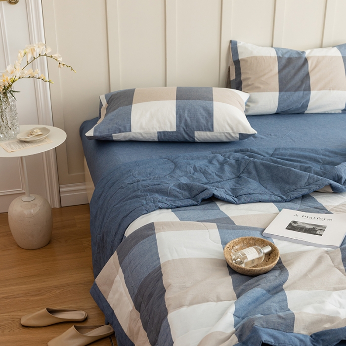 91家纺网 家纺一手货源 找家纺 寐眠 2023新款全棉色织水洗棉夏被子被芯（羽丝棉） 蓝大格