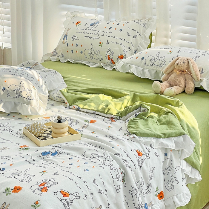 91家纺网 家纺一手货源 找家纺 澳梵 小清新水洗棉麻夏被四件套 彼得兔