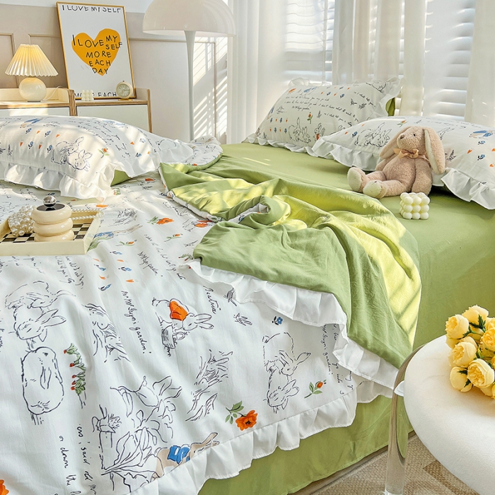 91家纺网 家纺一手货源 找家纺 澳梵 小清新水洗棉麻夏被四件套 彼得兔