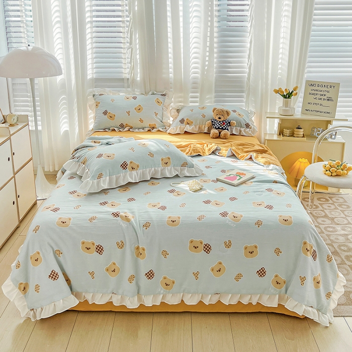 91家纺网 家纺一手货源 找家纺 澳梵 小清新水洗棉麻夏被四件套 嘟嘟熊