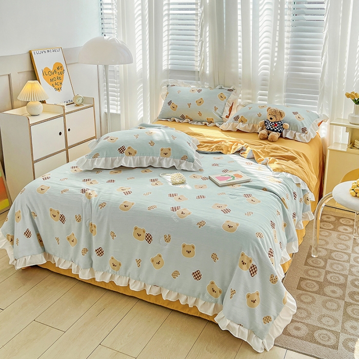 91家纺网 家纺一手货源 找家纺 澳梵 小清新水洗棉麻夏被四件套 嘟嘟熊