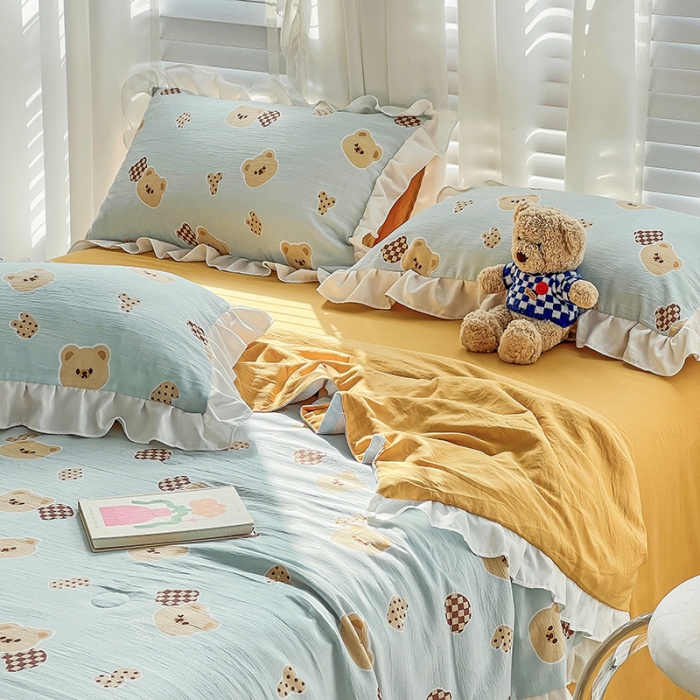 91家纺网 家纺一手货源 找家纺 澳梵 小清新水洗棉麻夏被四件套 嘟嘟熊