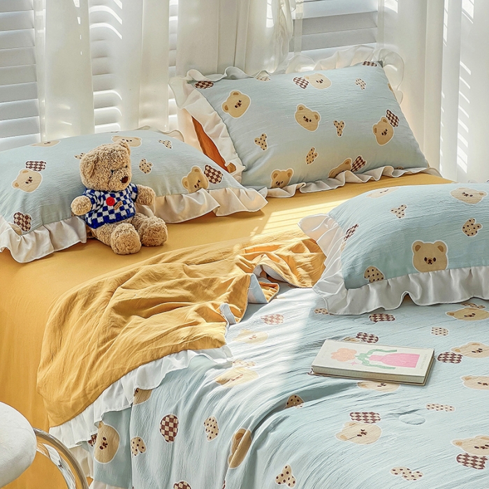 91家纺网 家纺一手货源 找家纺 澳梵 小清新水洗棉麻夏被四件套 嘟嘟熊