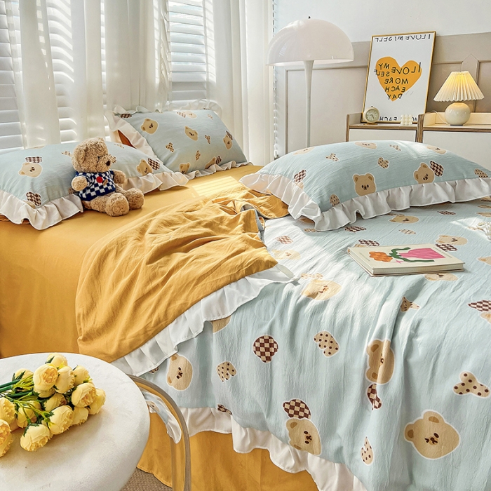 91家纺网 家纺一手货源 找家纺 澳梵 小清新水洗棉麻夏被四件套 嘟嘟熊