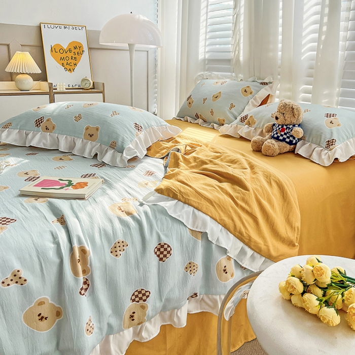 91家纺网 家纺一手货源 找家纺 澳梵 小清新水洗棉麻夏被四件套 嘟嘟熊