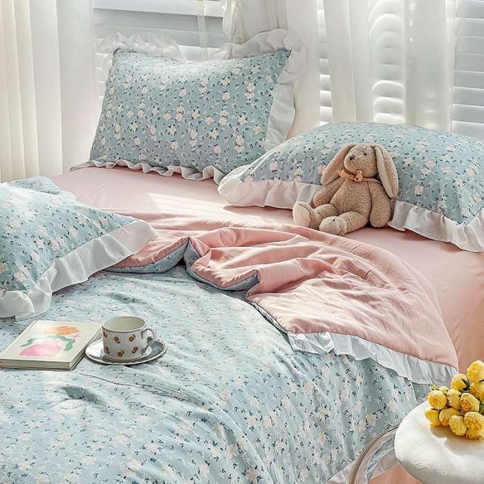 91家纺网 家纺一手货源 找家纺 澳梵 小清新水洗棉麻夏被四件套 朵拉