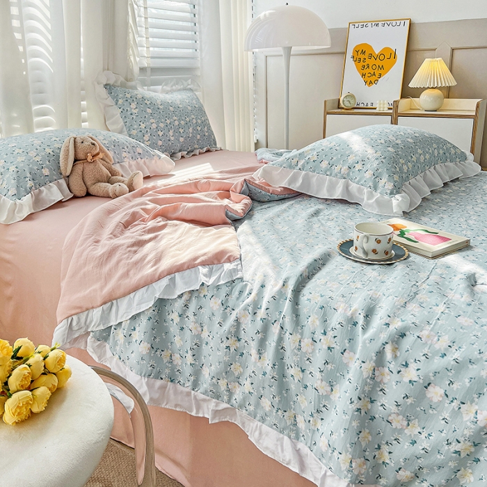 91家纺网 家纺一手货源 找家纺 澳梵 小清新水洗棉麻夏被四件套 朵拉