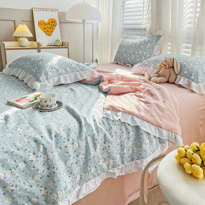 91家纺网 家纺一手货源 找家纺 澳梵 小清新水洗棉麻夏被四件套 朵拉