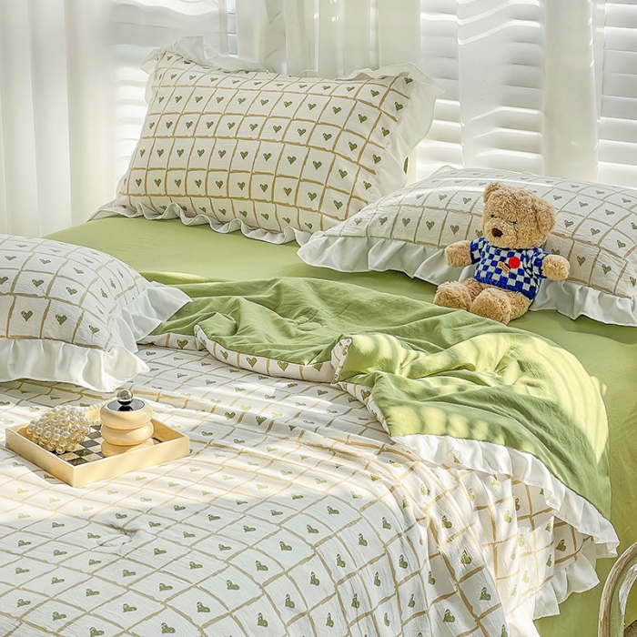 91家纺网 家纺一手货源 找家纺 澳梵 小清新水洗棉麻夏被四件套 格子心心