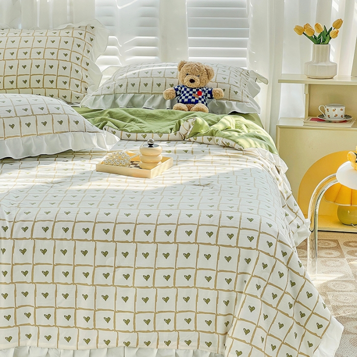 91家纺网 家纺一手货源 找家纺 澳梵 小清新水洗棉麻夏被四件套 格子心心