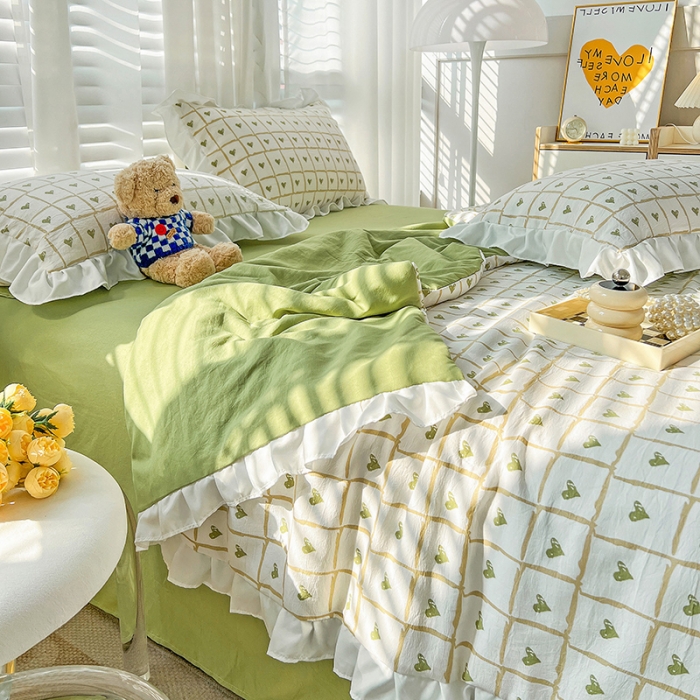 91家纺网 家纺一手货源 找家纺 澳梵 小清新水洗棉麻夏被四件套 格子心心