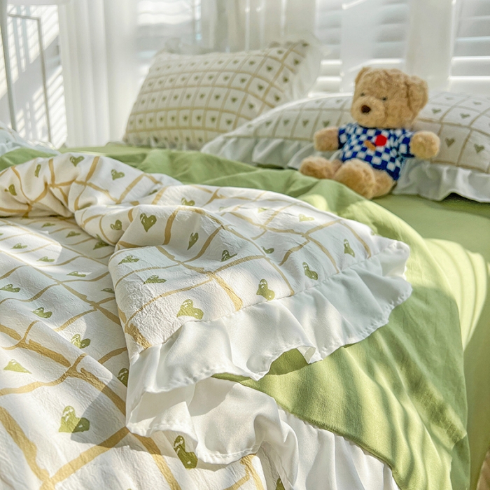 91家纺网 家纺一手货源 找家纺 澳梵 小清新水洗棉麻夏被四件套 格子心心