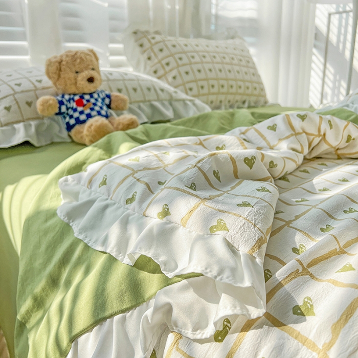 91家纺网 家纺一手货源 找家纺 澳梵 小清新水洗棉麻夏被四件套 格子心心