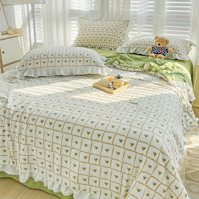 91家纺网 家纺一手货源 找家纺 澳梵 小清新水洗棉麻夏被四件套 格子心心