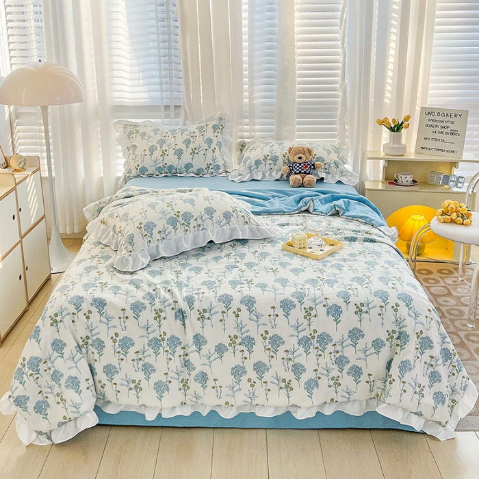 91家纺网 家纺一手货源 找家纺 澳梵 小清新水洗棉麻夏被四件套 海芋恋人-蓝