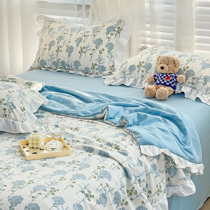 91家纺网 家纺一手货源 找家纺 澳梵 小清新水洗棉麻夏被四件套 海芋恋人-蓝