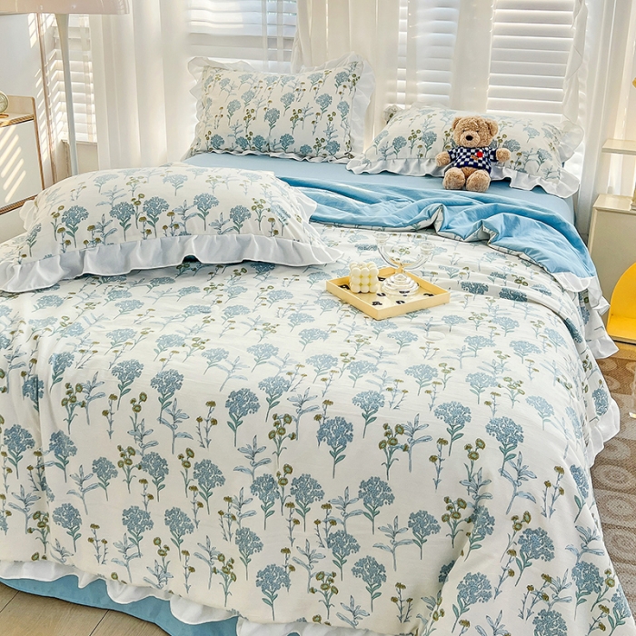 91家纺网 家纺一手货源 找家纺 澳梵 小清新水洗棉麻夏被四件套 海芋恋人-蓝