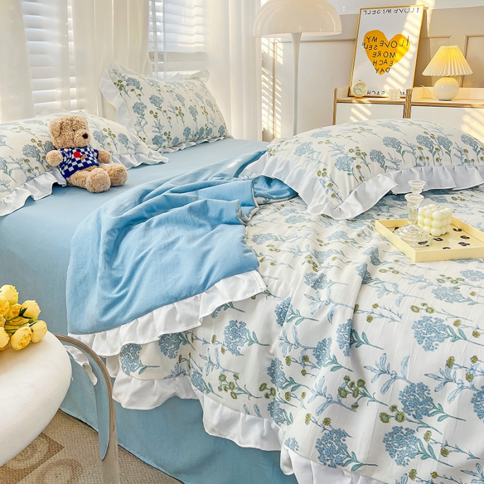 91家纺网 家纺一手货源 找家纺 澳梵 小清新水洗棉麻夏被四件套 海芋恋人-蓝