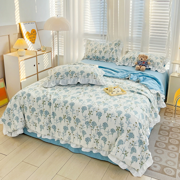 91家纺网 家纺一手货源 找家纺 澳梵 小清新水洗棉麻夏被四件套 海芋恋人-蓝