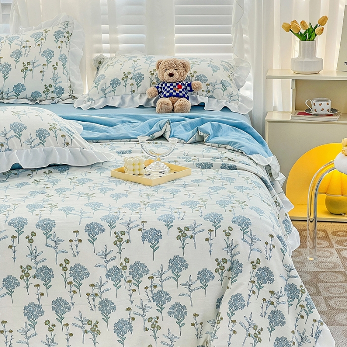 91家纺网 家纺一手货源 找家纺 澳梵 小清新水洗棉麻夏被四件套 海芋恋人-蓝