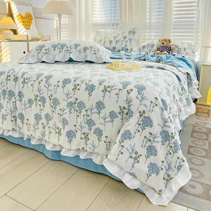 91家纺网 家纺一手货源 找家纺 澳梵 小清新水洗棉麻夏被四件套 海芋恋人-蓝