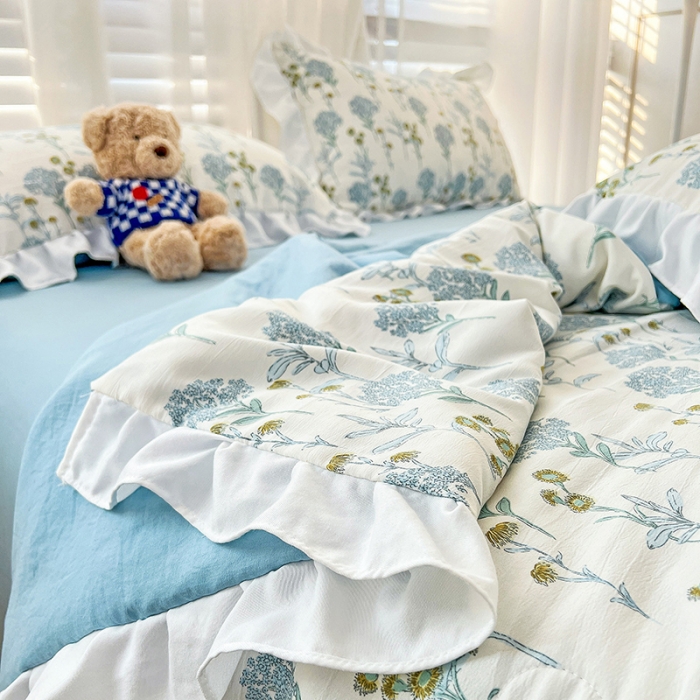 91家纺网 家纺一手货源 找家纺 澳梵 小清新水洗棉麻夏被四件套 海芋恋人-蓝