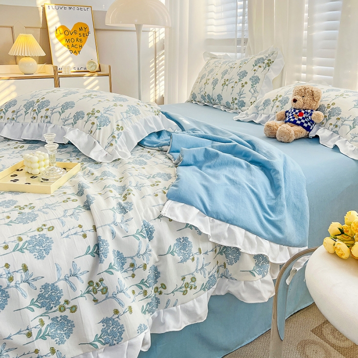 91家纺网 家纺一手货源 找家纺 澳梵 小清新水洗棉麻夏被四件套 海芋恋人-蓝