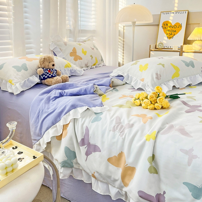 91家纺网 家纺一手货源 找家纺 澳梵 小清新水洗棉麻夏被四件套 蝴蝶