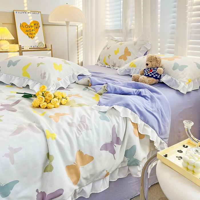 91家纺网 家纺一手货源 找家纺 澳梵 小清新水洗棉麻夏被四件套 蝴蝶