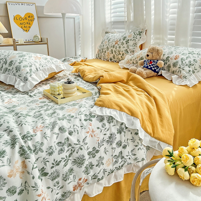 91家纺网 家纺一手货源 找家纺 澳梵 小清新水洗棉麻夏被四件套 绿影