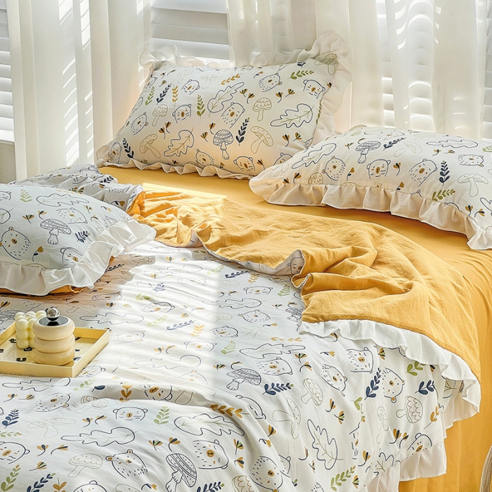 91家纺网 家纺一手货源 找家纺 澳梵 小清新水洗棉麻夏被四件套 萌萌熊