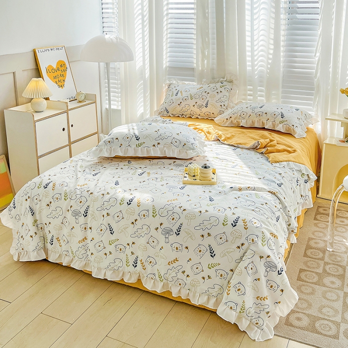 91家纺网 家纺一手货源 找家纺 澳梵 小清新水洗棉麻夏被四件套 萌萌熊