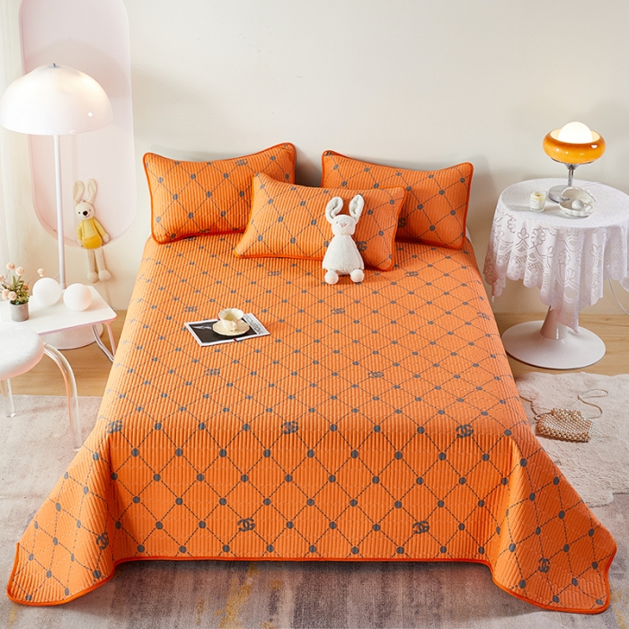 91家纺网 家纺一手货源 找家纺 莎果 2024新款正面纯棉绗缝床盖 不莱尼  橘