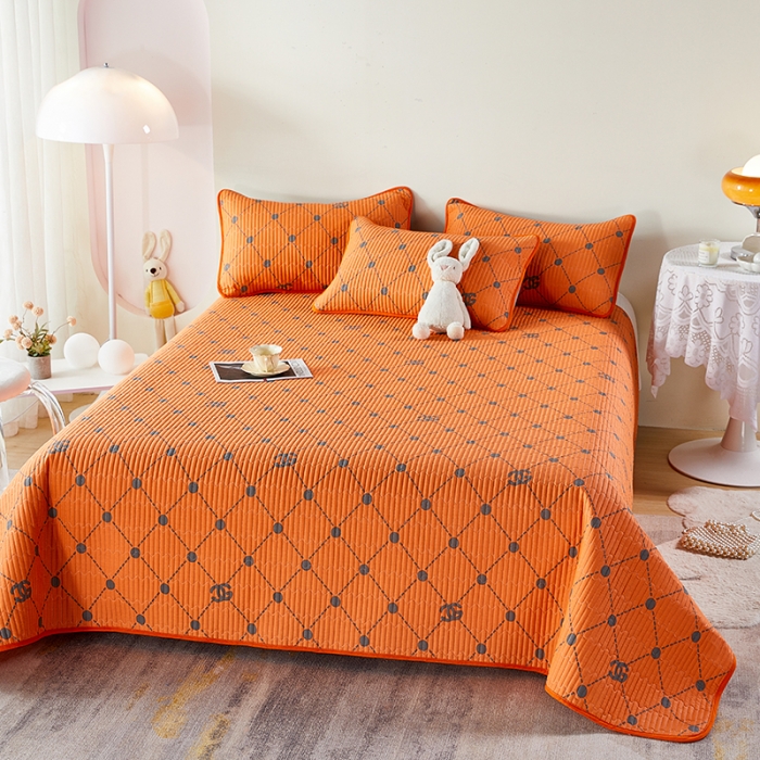 91家纺网 家纺一手货源 找家纺 莎果 2024新款正面纯棉绗缝床盖 不莱尼  橘