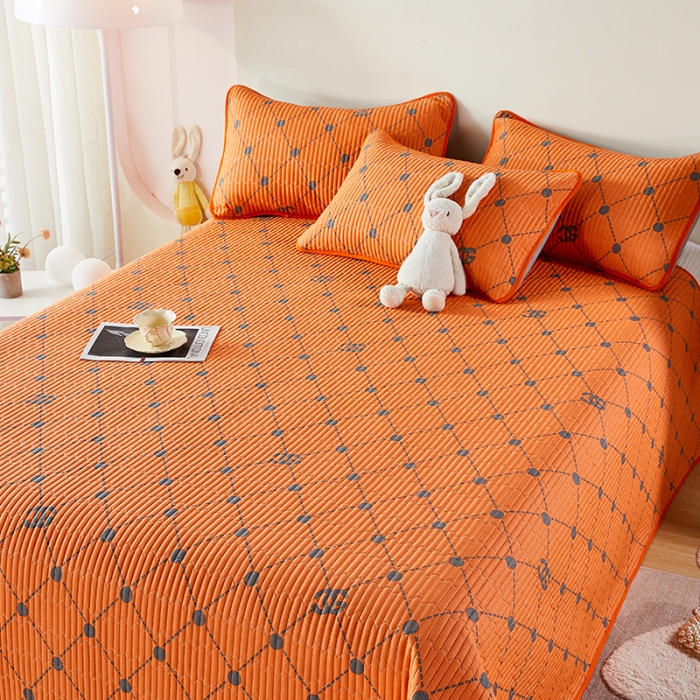 91家纺网 家纺一手货源 找家纺 莎果 2024新款正面纯棉绗缝床盖 不莱尼  橘