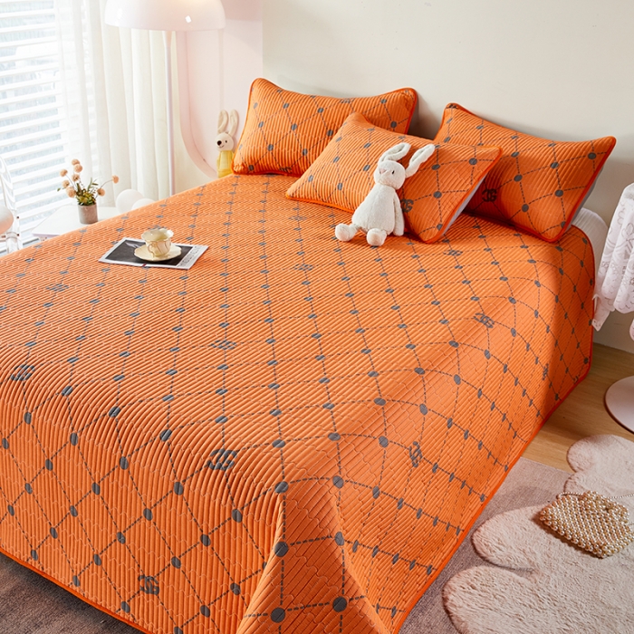 91家纺网 家纺一手货源 找家纺 莎果 2024新款正面纯棉绗缝床盖 不莱尼  橘