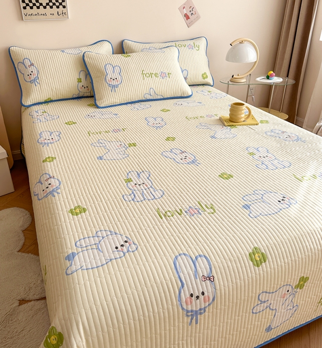 91家纺网 家纺一手货源 找家纺 莎果 2024新款正面纯棉绗缝床盖 幸运兔