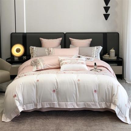 91家纺网 家纺一手货源 找家纺 凯磊 新款 高支高密.长绒棉刺绣系列四件套-可可 可可-粉