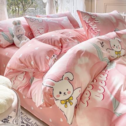 91家纺网 家纺一手货源 找家纺 2025新款全棉13372小清新印花四件套 快乐兔